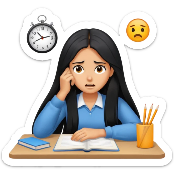Pretty tanned girl with long black hair, stressed out about homework sticker