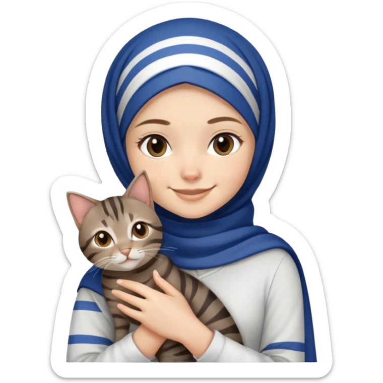 White girl wearing dark blue hijab with white shirt smiling while holding a black grey brown stripes tabby cat sticker