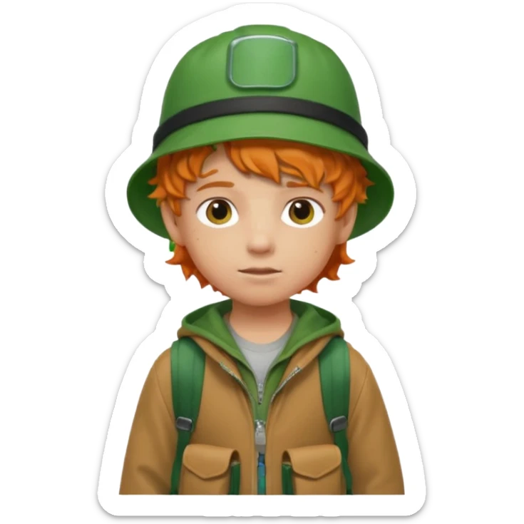 A little boy student curly orange hair, with green bucket hat, brown jacket, backpack sticker