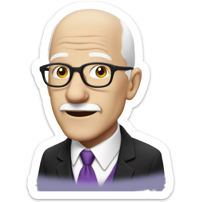 white, bald old man wearing a black suit with a purple tie and glasses,  sticker