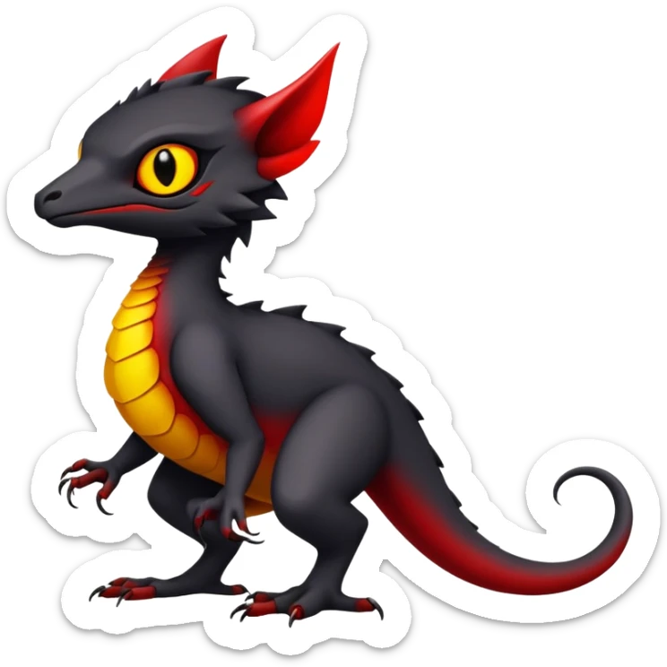 a black exotic edgy vernid-fionbri-Fakémon-creature, with red belly and yellow eyes, full body sticker