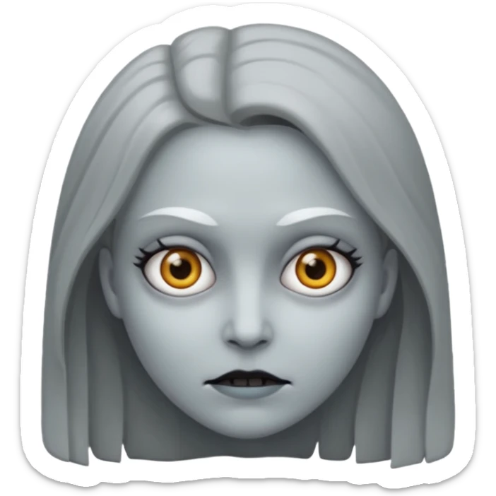 woman with gray skin and white eyes and a creepy face sticker