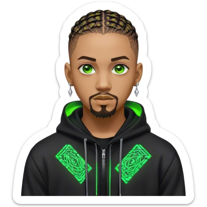 Light skinned African American male with green eyes as a cyberpunk hacker with cornrows hairstyle but short cornrows  with goatee facial hair with very small diamond stud earrings wearing a black hoodie sticker