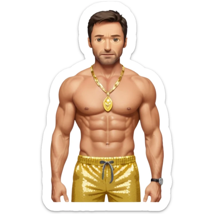 Hugh Jackman with yellow sequin baggy pants, shirtless with necklace sticker