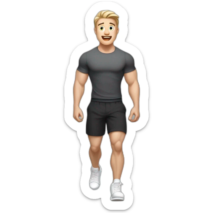 amazed Open with surprise mouth Pale skinned Fit Man With the biceps and dark brown hair in black shirt, gray sports shorts and white Sneakers sticker