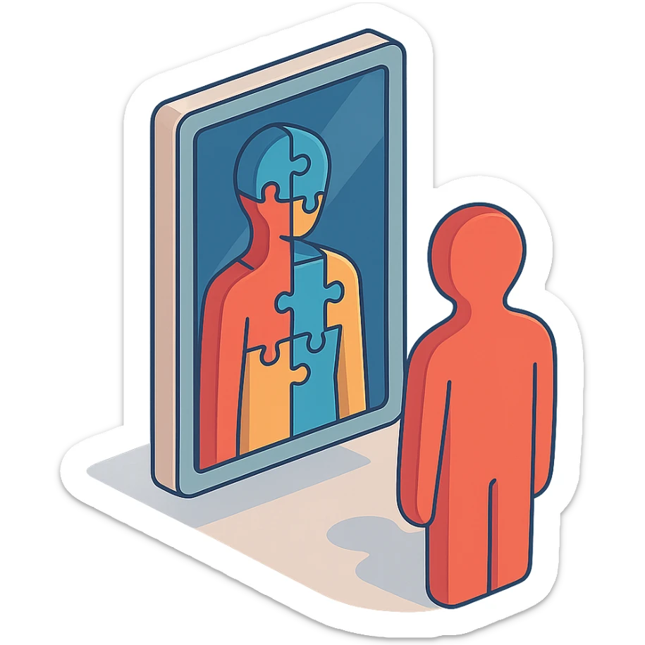 A mirror where the reflected body consists of fragments or puzzle pieces, symbolizing the complexity of the inner world. Style: 2D Isometric with clear shadows and highlights, transparent background. sticker