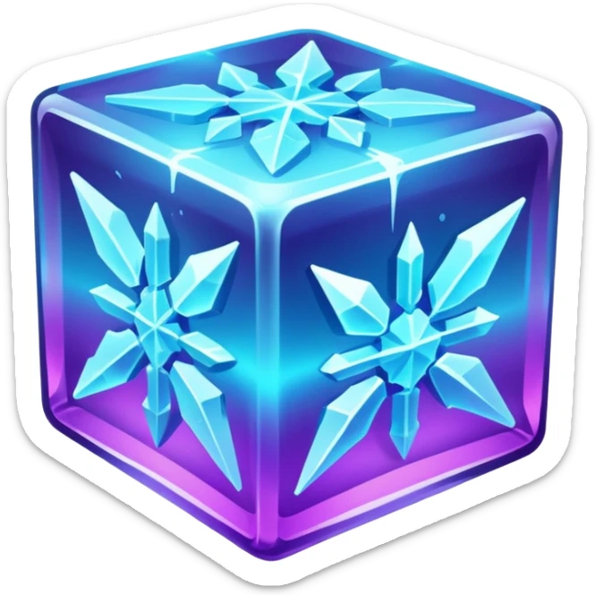glowing ice crystal cube, icy neon cyan highlights, purple neon accents. sticker