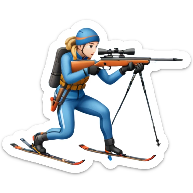 An icon showing a snowy landscape with pine trees, mountains, and a clear sky with a biathlete aiming a rifle in the foreground, wearing winter gear and skis. Transparent background emphasizes the precision, endurance, and beauty of this winter sport. sticker