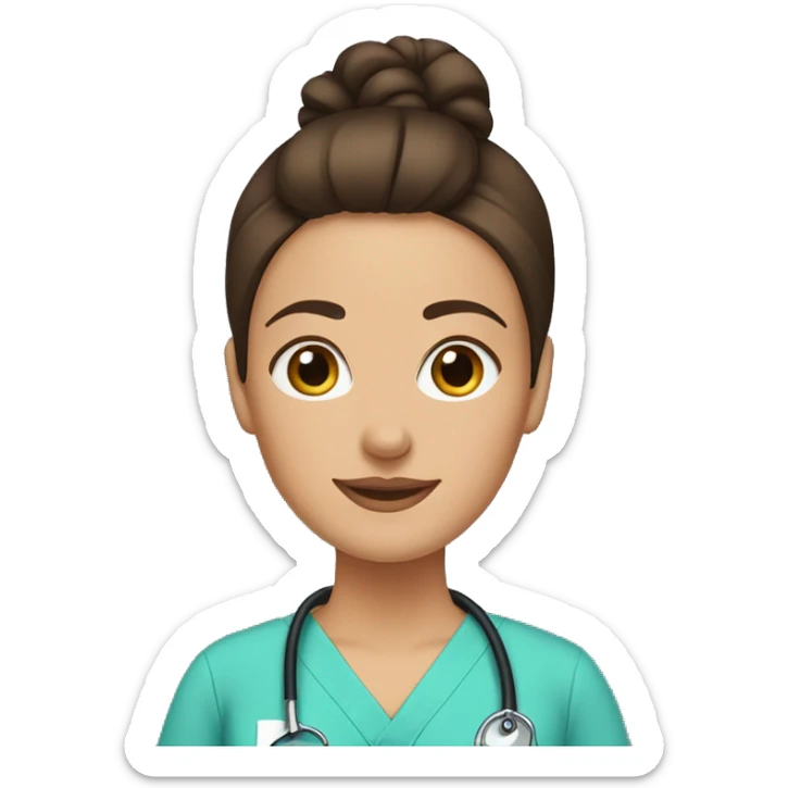 Brunette woman with a top knot wearing scrubs holding a dachshund sticker