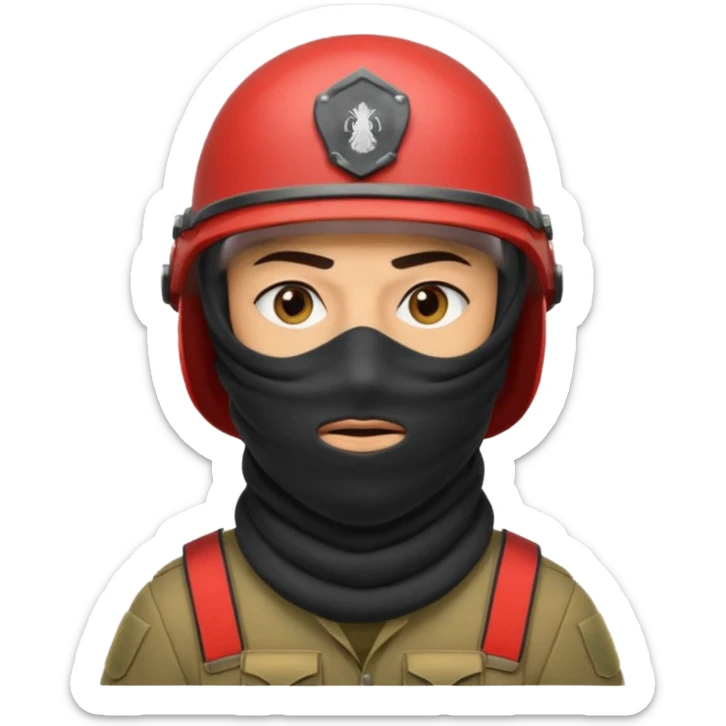 
an Iraqi soldier with a serious face, wearing a helmet and a balaclava covering his mouth sticker