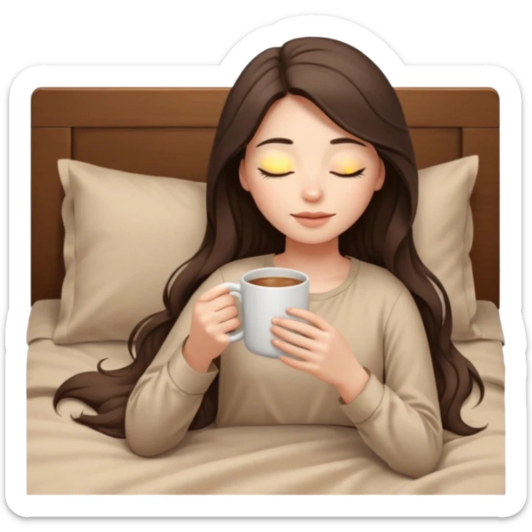 brunette girl with closed eyes lies on bed with brown bed linen in beige blouse with long hair and holds mug close up sticker