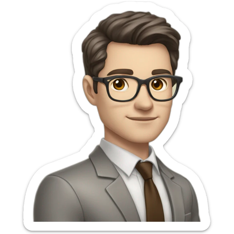 Pale skinned fit man with dark brown hair in gray jacket, beige office shirt, brown tie, brown pants and vintage glasses Writing on the marker board sticker
