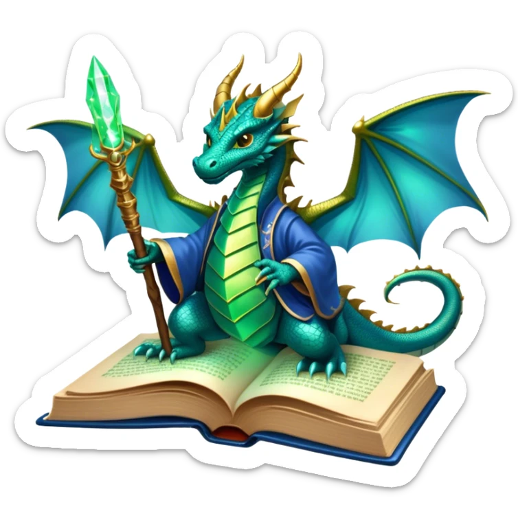 Icon for Fantasy and Sci-Fi Literature: a magical book with glowing pages, surrounded by a dragon, a spaceship, and a wizard with a staff. The icon should capture the adventurous and imaginative world of fantasy and science fiction. Transparent background. sticker