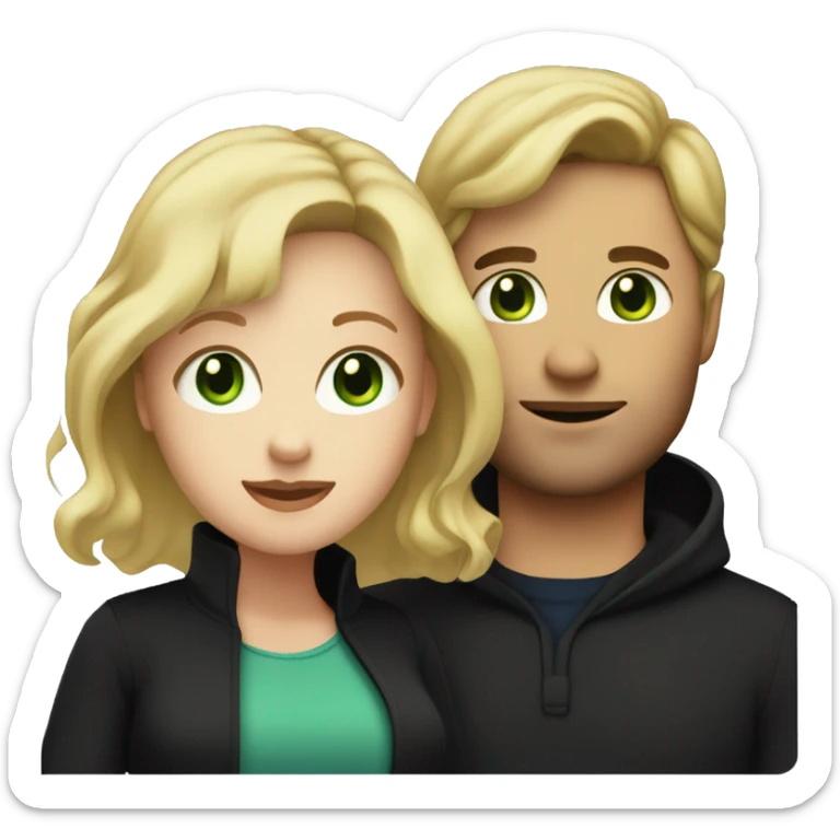 Pregnant blonde with a wavy bob and green eyes with brown haired husband with blue eyes both wearing black clothes sticker