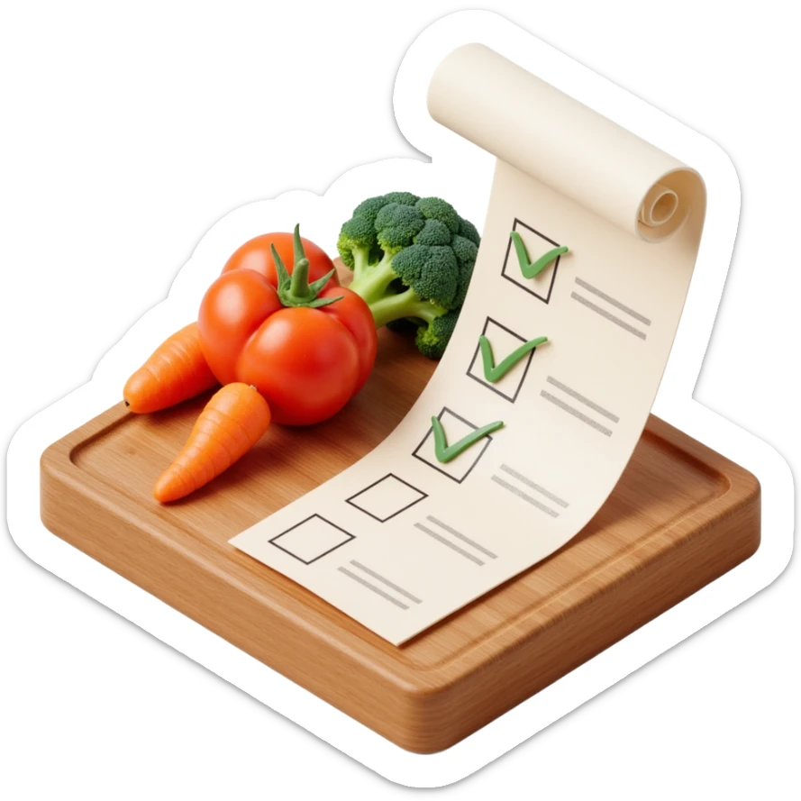 carrot tomato brocoli on the wooden cutting board with floating rolled paper list with checkbox sticker