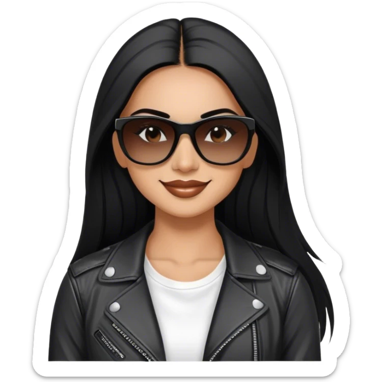 beautiful fit woman, with long straight black hair, with make up, black eye liner, smile mooth close, mexican, brown skin, wearing white tee, wearing leather black jacket, solar black wayfarer rayban sticker