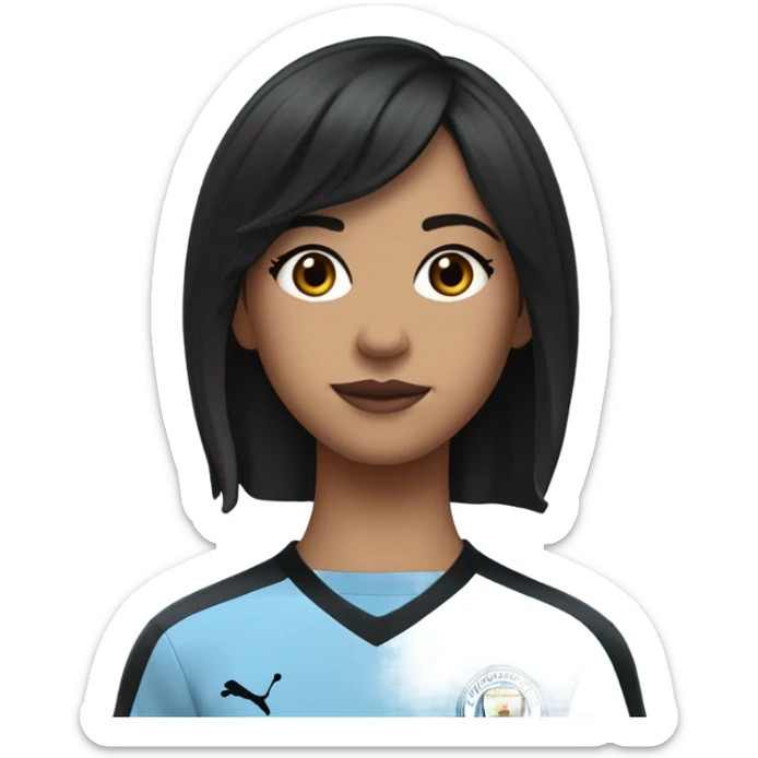 short hair girl, crunchy curtain bangs, with pixie back hair, black hair, dark brown eyes, with short eyelash, tan skin plump lower lip with a darker of shade on the upper lip, wearing a Manchester City jersey 24/25 season sticker