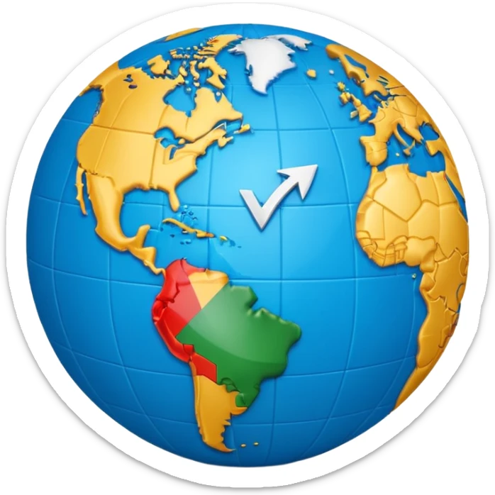 3D globe in Apple emoji style, Germany clearly marked in Europe, blue arrow pointing from Germany to USA in North America, word 'VPN' in modern bold sans-serif font, smooth gradients, soft shadows, realistic 3D look, no other text, suitable for Instagram Reel sticker