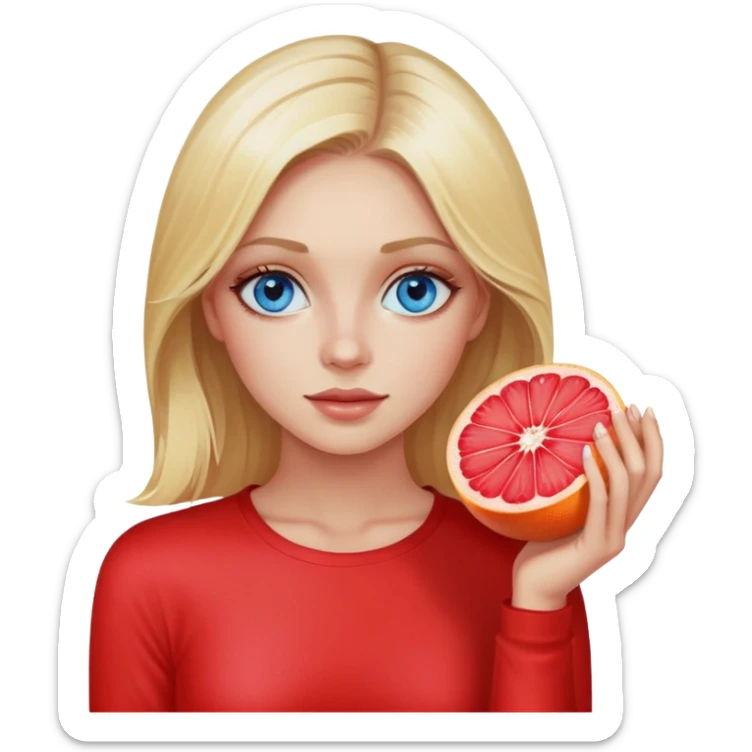 Beautiful blonde with blue eyes holds a cut piece of grapefruit instead of an eye, wearing a red long sleeve sticker