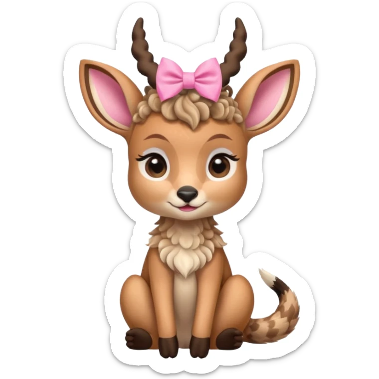 cute gazzelle with curly fur, sitting down, wearing a pink bow on its head.   sticker