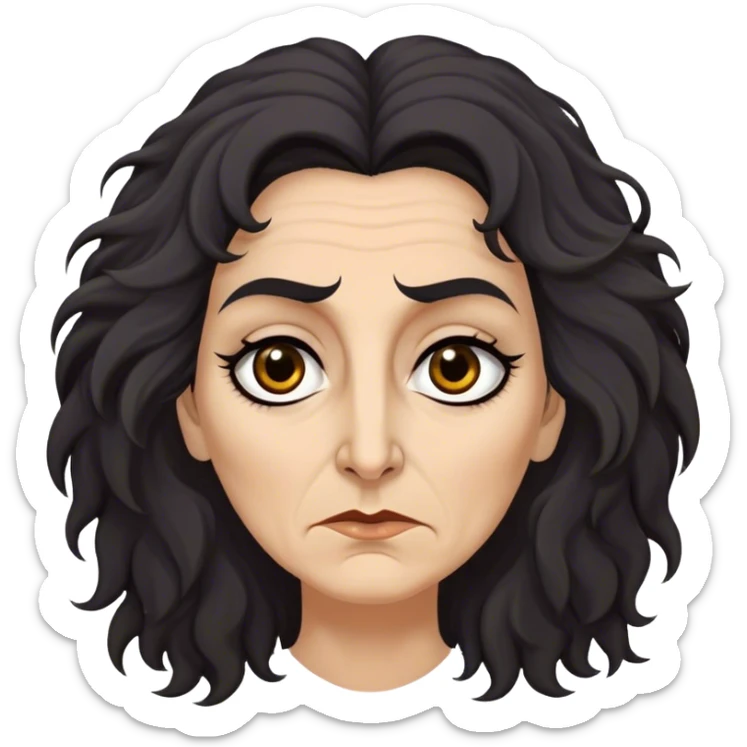 Mirri Maz Duur is a weathered, age 50 woman with deep-set dark eyes, high cheekbones, and a sharp nose, giving her a stern, knowing expression. Her long, unkempt dark frizzy hair  falls loosely over her shoulders sticker