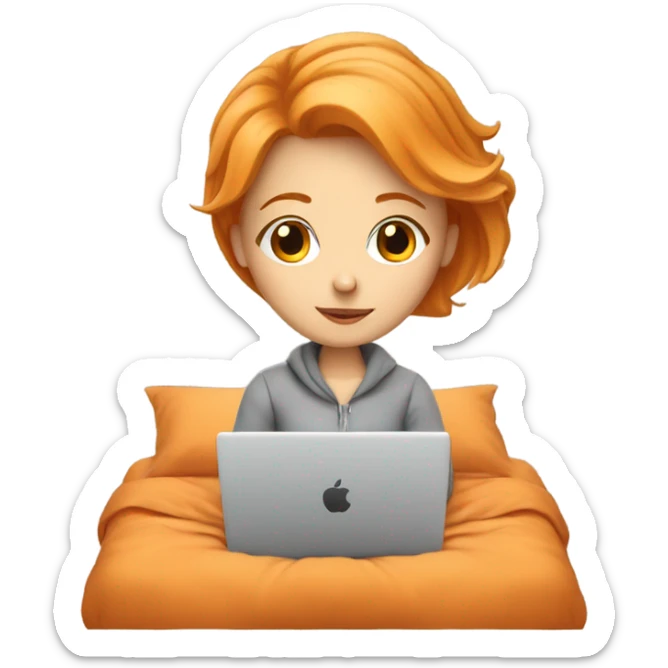 Orange haired white girl working on a laptop in a cozy bed sticker