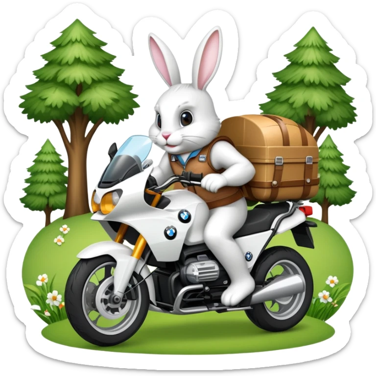 Easter bunny riding a BMW boxer motorcycle with trees and grass in the background sticker