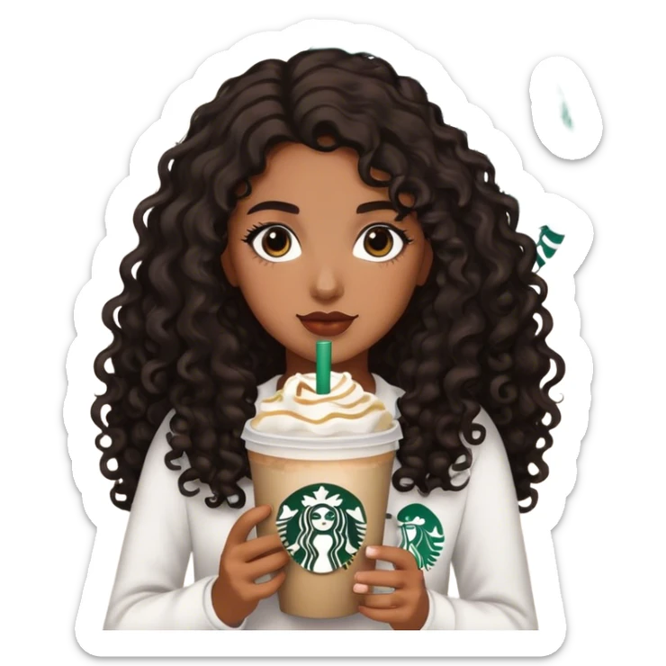 Girl with medium brown  skin/  black brown curly long hair with Starbucks  sticker