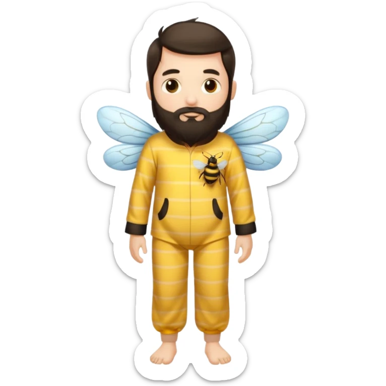 Grown up man with long dark brown long hair, white skin, medium beard, full body in cute bee pijama sticker