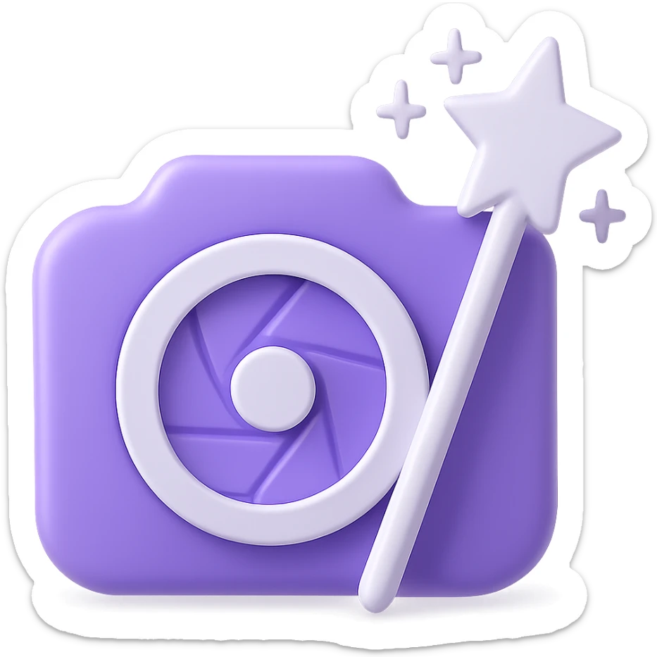 Clean and modern logo for photo restoration featuring a camera lens and magic wand, in a purple color style, no background. sticker
