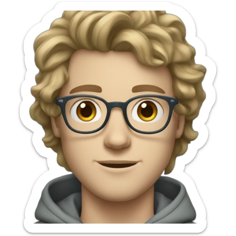 young white guy with wavy hair and a fade in light brown color and round silver color glasses with a grey hoodie on and blue green eyes sticker
