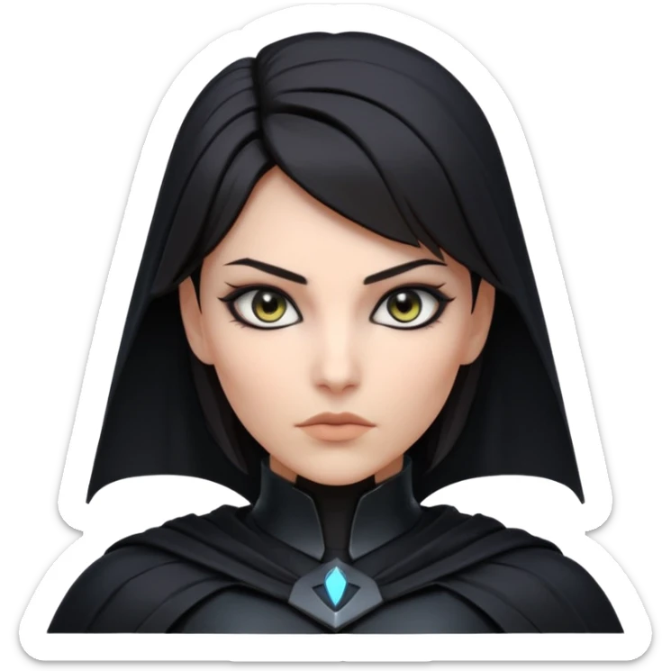 dark sci-fi villain female portrait, head and shoulders only, black armor, cape collar, intense eyes, sharp confident expression, subtle futuristic makeup, dramatic lighting, 3D cartoon, mobile game icon style, clean background, no text, no watermark
 sticker
