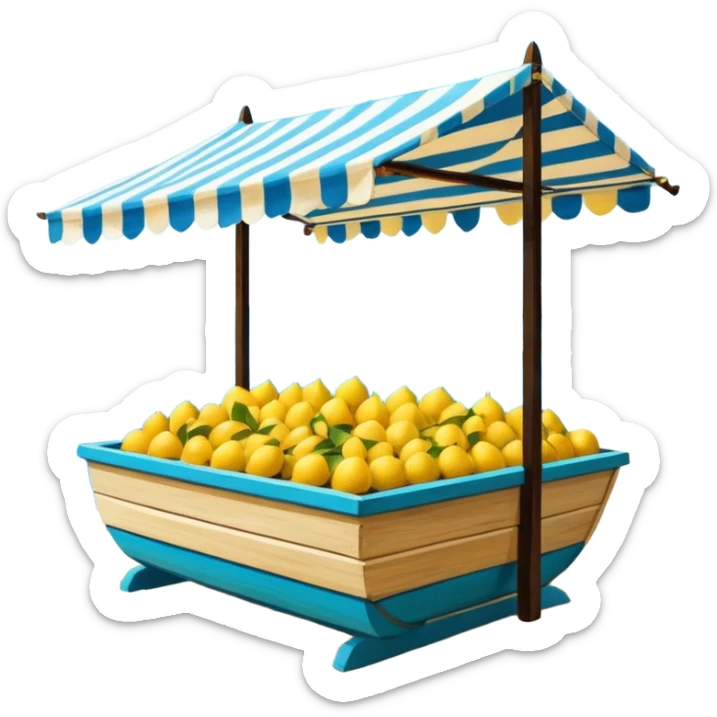 Mediterranean lemon stand by the sea, blue and white striped canopy
Fresh yellow lemons stacked, wooden boats and turquoise water background
Bright sunlight, Italian coastal summer vibe, vibrant colors sticker