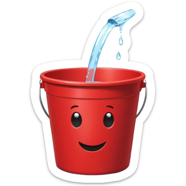 red bucket with holes in the side sitting on puddle of water sticker