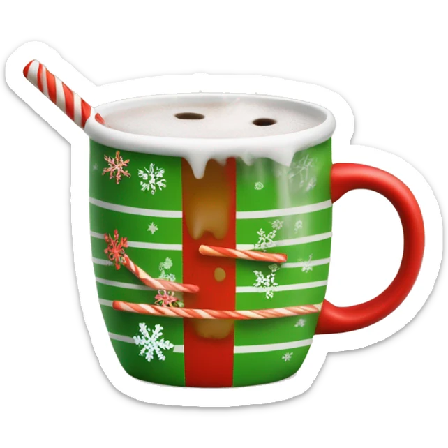 mugs with a hot drink decorated with snowflakes or a striped caramel stick. Steam rises from the mug in the shape of hearts. The color of the mug is warm red or green to convey the New Year mood sticker