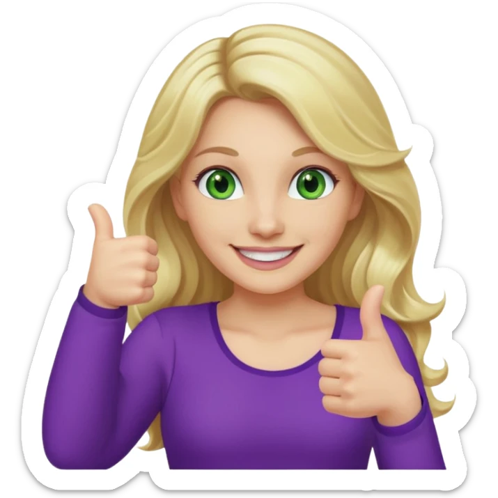 lady with long wavy blonde hair, purple top, green eyes, one thumb up sticker