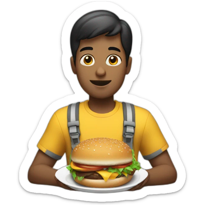 a white man with black short hair eating two burgers wearing sneakers sticker