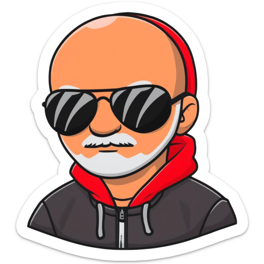 middle-aged man with minor hair growth on upper lip, black aviator sunglasses, red hoodie with hood covering head sticker