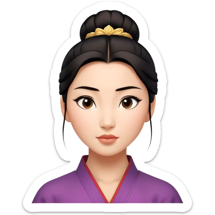 Cinematic Realistic Serene Mulan Portrait, showing Mulan (chest and above) with radiant, smooth skin and delicately detailed dark hair swept back in a neat bun. Her gentle, reflective expression is captured with soft natural lighting that highlights the nuanced textures of her features and traditional attire in muted hues. The composition glows with an inviting, natural radiance and subtle shadows, evoking a calm and introspective mood that speaks of quiet strength and enduring beauty. sticker