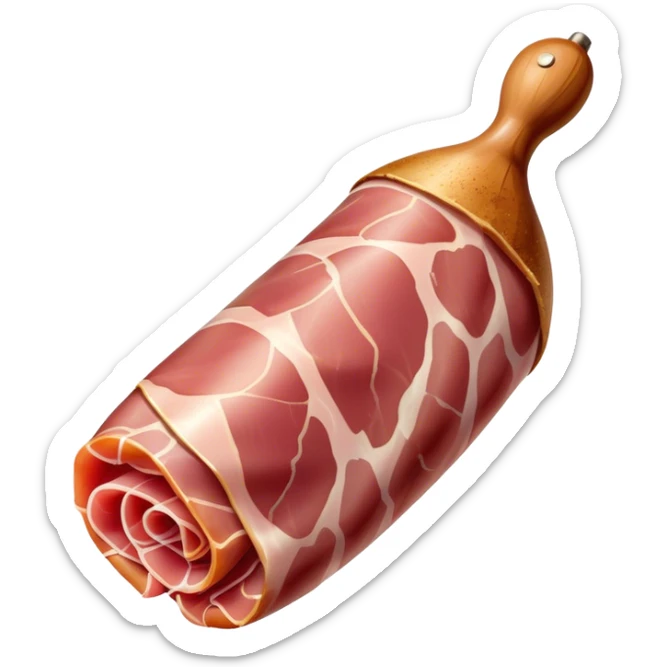 Jamón Serrano Cinematic Realistic Jamón Serrano Dish Emoji, depicted as a prominent leg of cured ham with visible marbling, rendered with rich textures and dynamic, appetizing lighting. sticker