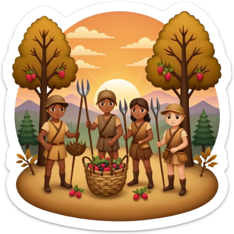 A simple, flat-style illustration of a small group of people with spears and baskets, gathering berries and hunting a deer, surrounded by trees and a sunset—emoji aesthetic, warm earth tones. sticker