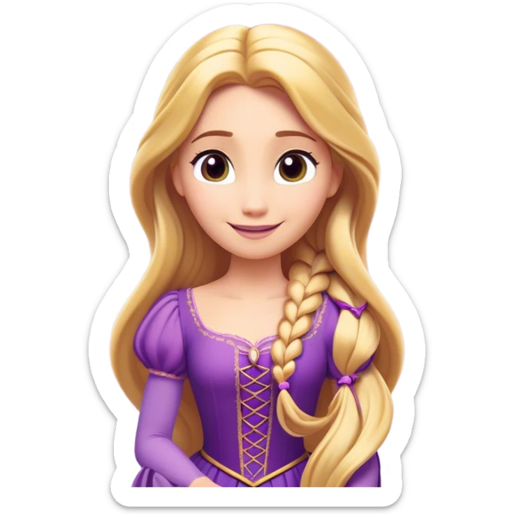 Cinematic Radiant Rapunzel Portrait Emoji, rendered in a flat vector style with clean proportions. Show Rapunzel with a gentle smile, fair, glowing skin, and her iconic long golden hair cascading softly, wearing a simple, elegant purple dress. The image radiates a warm, enchanting glow, high shine, and is accentuated by a soft glowing outline. sticker