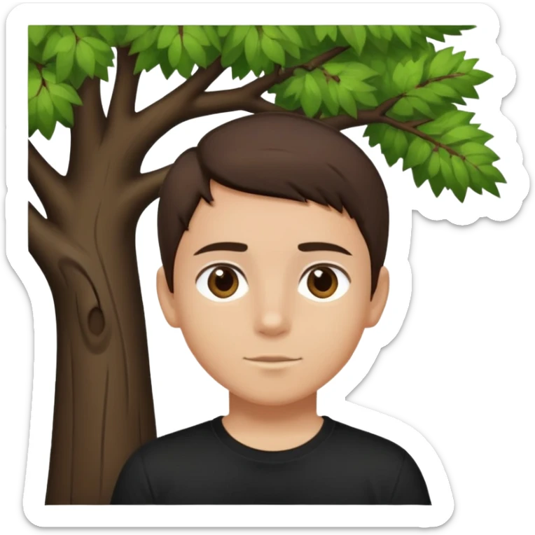 boy with straight short brunette hair brown eyes black tshirt on and tree behind sticker