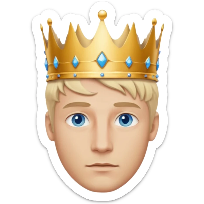 Man with blue eyes, blonde hair, and defined jawline wearing king crown sticker