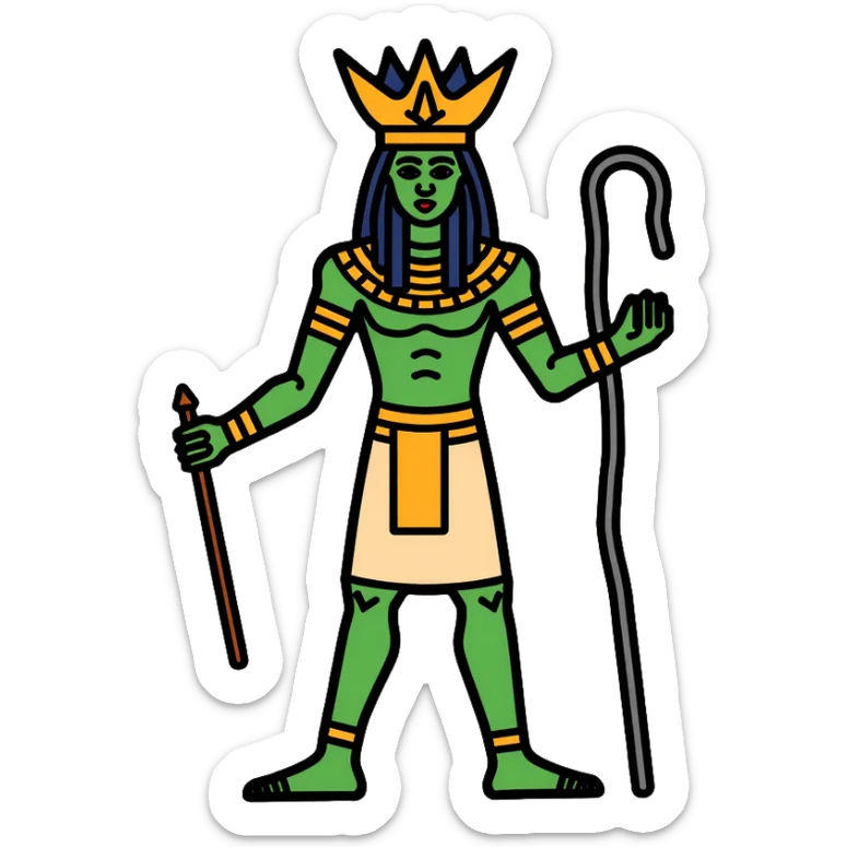 Egyptian god Osiris with green skin, Atef crown, mummified body, holding crook and flail sticker