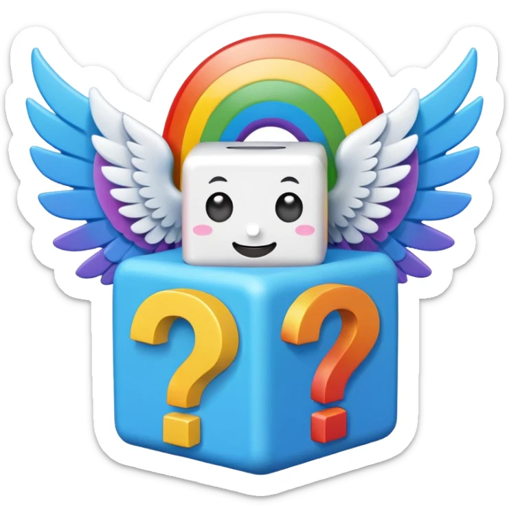  mainly blue and rainbow, the blue being the block itself. The rainbow parts are question marks, corner and smile. It has 2 white wings on each side like the other Lucky Blocks. sticker
