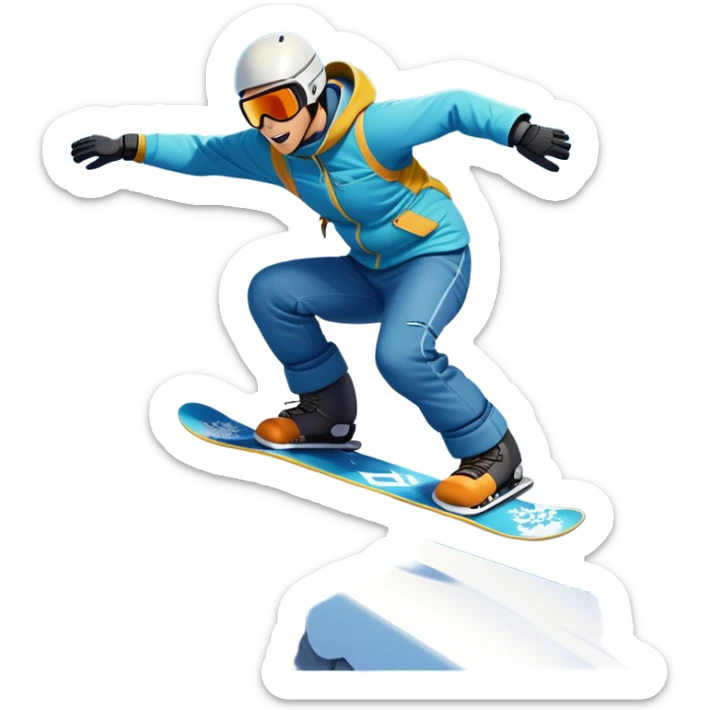 An icon showing a snowboarder performing an exciting jump on a snow-covered slope. The background features towering mountains, snow-covered trees, and a bright, clear sky. Transparent background highlights the speed, agility, and thrill of snowboarding. sticker