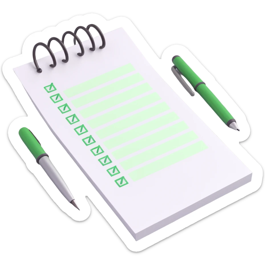 3D style to-do list, every item has a green check mark, pen placed next to the list, bright lighting, minimal background sticker