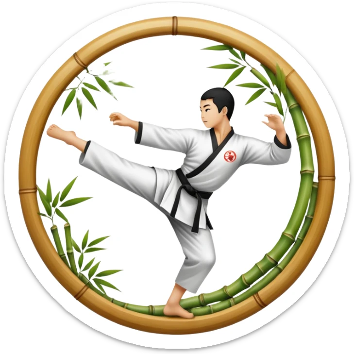 An icon symbolizing Eastern martial arts in the style of an emblem, with a black-and-white Yin-Yang symbol at the center. The design shows a martial artist performing a graceful kick, surrounded by bamboo and traditional elements. Transparent background emphasizes balance and harmony. sticker