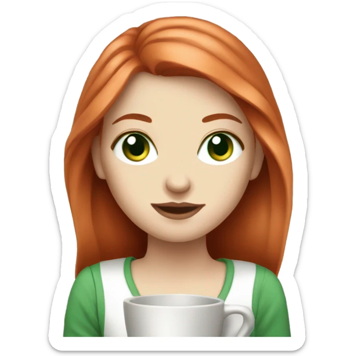White girl long red hair with green eyes and coffee  sticker